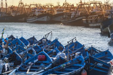 Essaouira, Fas - 26 Kasım 2018: Mavi balıkçı tekneleri limanda Essaouira, Morocco