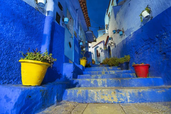 Hermosa Vista Nocturna Ciudad Azul Medina Chefchaouen Marruecos Detalles Arquitectónicos — Foto de Stock