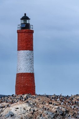 Kırmızı ve beyaz çizgili Les Eclaireurs deniz feneri kayalık adalar, Beagle kanal, Ushuaia, Tierra del Fuego, Arjantin sembolü dikey fotoğraf