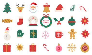 Bir dizi minimalist Noel ikonu. Modern Xmas soyut simgeleri ve sembolleri. Yeni yıl tatili dekorasyonu. Basit düz vektör çizimi