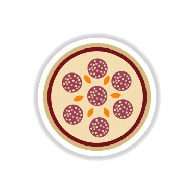 Salamlı pizza. Vektör çizim etiket. basit pizza simgesi üstten görünüm
