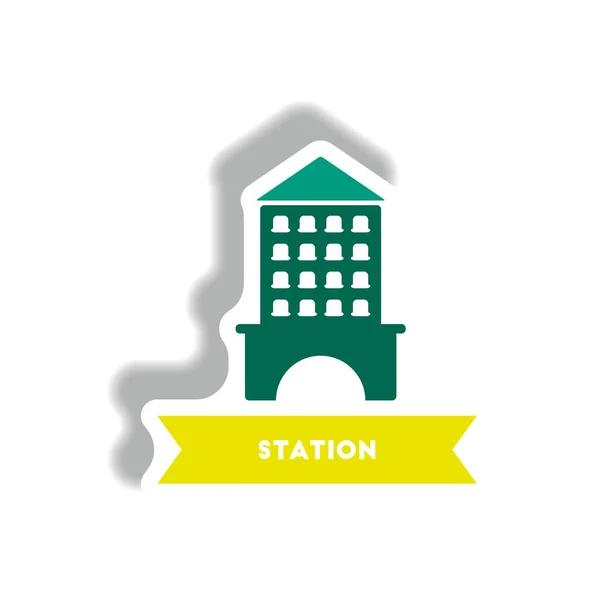 Building Station Stylish Icon Paper Sticker Style — Stock Vector