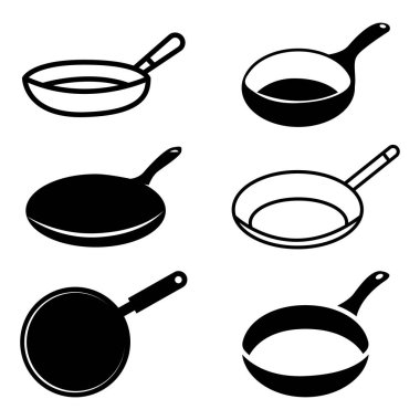 Kızartma tavası simgeleri, tava siluetleri, farklı teflon sembolleri koleksiyonu