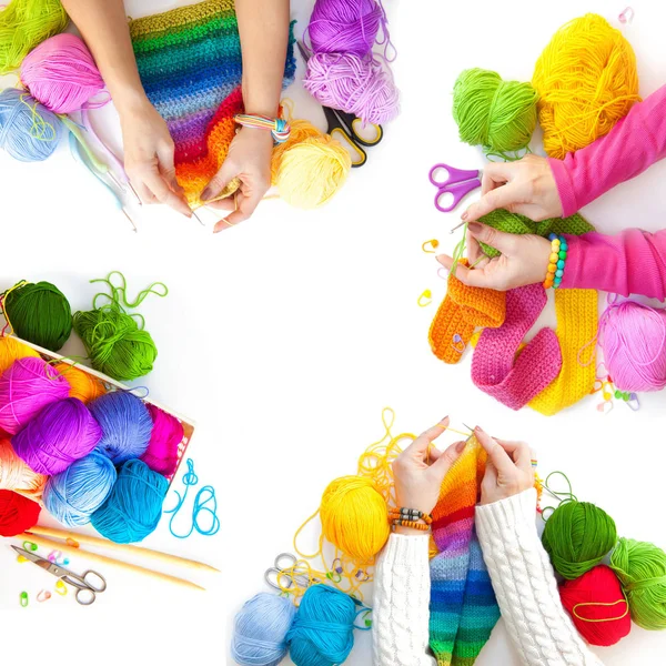 Colored balls of yarn. View from above. Rainbow colors. All colors. Yarn for knitting. Skeins of yarn.