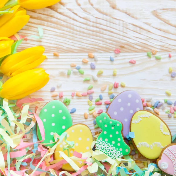 Sweets Celebrate Easter Gingerbread Shape Easter Bunny Easter Eggs White — Stock Photo, Image