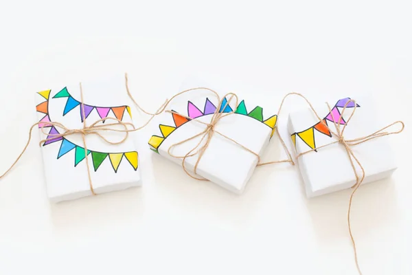 Colored Gift Boxes Jute Rope White Background Gifts Party Birthday — Stock Photo, Image