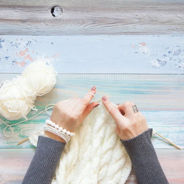 Knitting Knitting Needles White Knitted Fabric Coffee Americano Light Aged — Stock Photo, Image