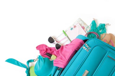Dinlenmek ve seyahat için renkli parlak şeyler. Bir tatil planlama. Mavi, Turkuaz, Akuamarin, mor, Lila, pembe, mor.