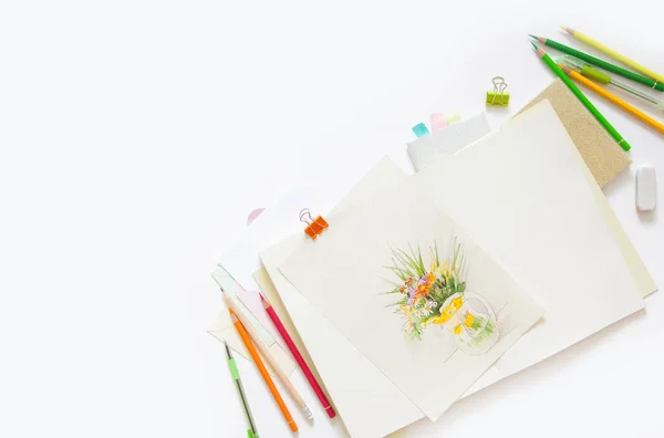 Ілюстрація Намальована Кольоровими Олівцями Яскраві Дикі Квіти — стокове фото