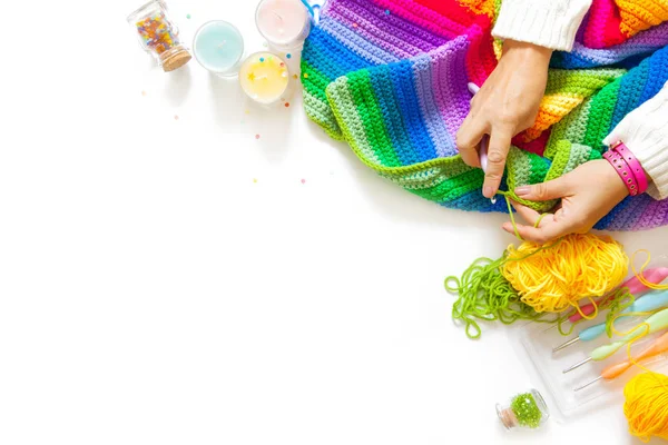 Women Hobby Needlework Crocheting Knitting Bright Yarn Concept Women Leisure — Stock Photo, Image