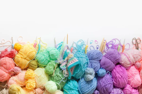 Color Yarn Knitting Knitting Needles Crochet Hooks Yellow Background — Stock Photo, Image