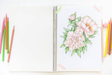 kadın Hobiler ve eğlence kavramı. basit renkli kalemler ile çizim