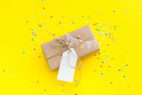 Colored Gift Boxes Jute Rope Yellow Background Gifts Party Birthday — Stock Photo, Image