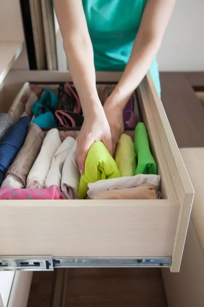 Woman Folds Shirts Drawer Woman Tidying Closet Vertical Storage Clothing — Stock Photo, Image