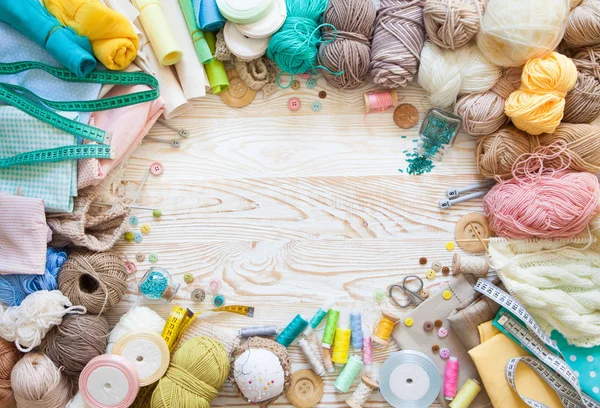 Colored Fabric Yarn Thread Colored Materials Creative Work Table Needlework — Stock Photo, Image