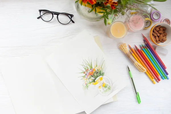 Ilustração Pintada Com Lápis Coloridos Flores Silvestres Brilhantes — Fotografia de Stock