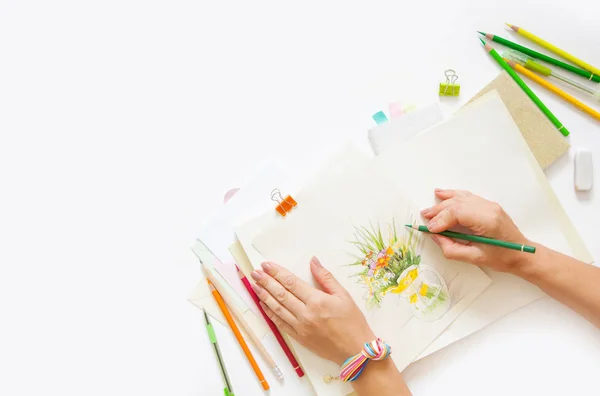 Ilustração Pintada Com Lápis Coloridos Flores Silvestres Brilhantes — Fotografia de Stock