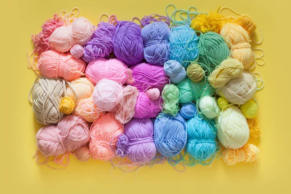 Color Yarn Knitting Knitting Needles Crochet Hooks Yellow Background — Stock Photo, Image