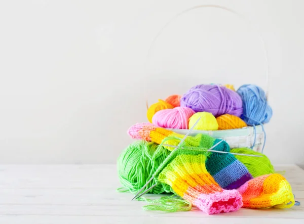 Closeup Basket Colorful Yarn Clews Concept Freelance Creative Working Happy — Stock Photo, Image