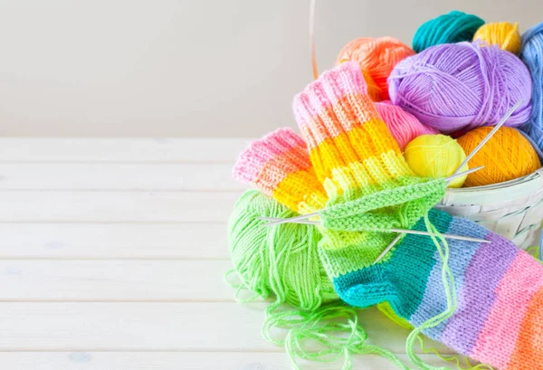 Closeup Basket Colorful Yarn Clews Concept Freelance Creative Working Happy — Stock Photo, Image