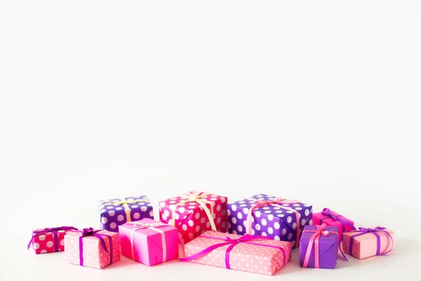 Colored Gift Boxes Colorful Ribbons White Background Gifts Valentine Day — Stock Photo, Image