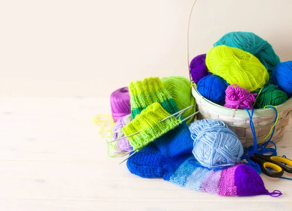 Closeup Basket Colorful Yarn Clews Knitted Socks — Stock Photo, Image