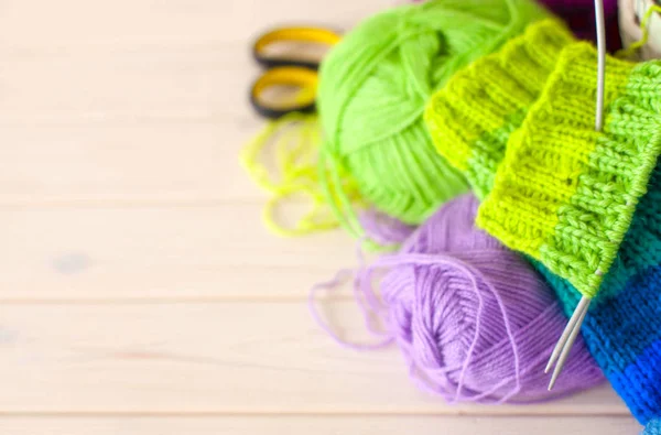 Closeup Basket Colorful Yarn Clews Knitted Socks — Stock Photo, Image