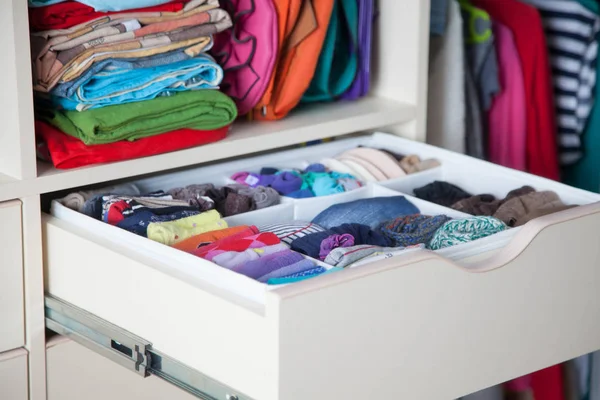 Neatly Folded Clothes Accessories Chest Drawers — Stock Photo, Image