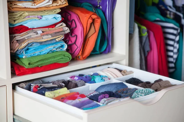 Neatly Folded Clothes Accessories Chest Drawers — Stock Photo, Image