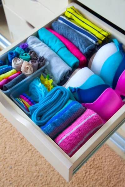 Neatly Folded Clothes Accessories Chest Drawers — Stock Photo, Image