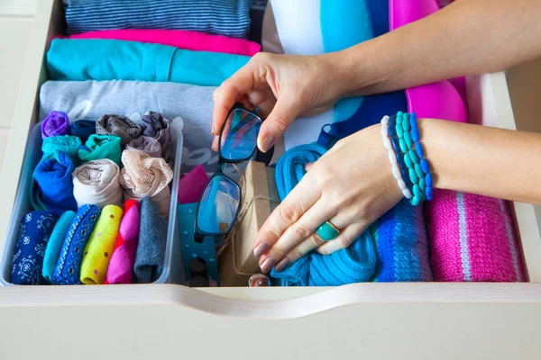 Neatly Folded Clothes Accessories Chest Drawers — Stock Photo, Image