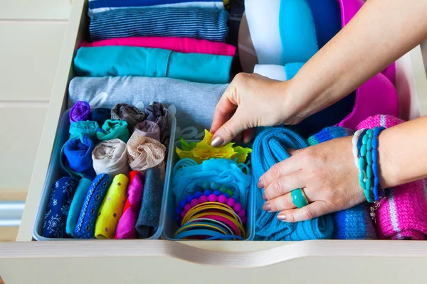 Neatly Folded Clothes Accessories Chest Drawers — Stock Photo, Image