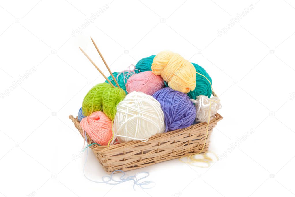 Yarn for knitting. White background. Hanks and balls with thread.