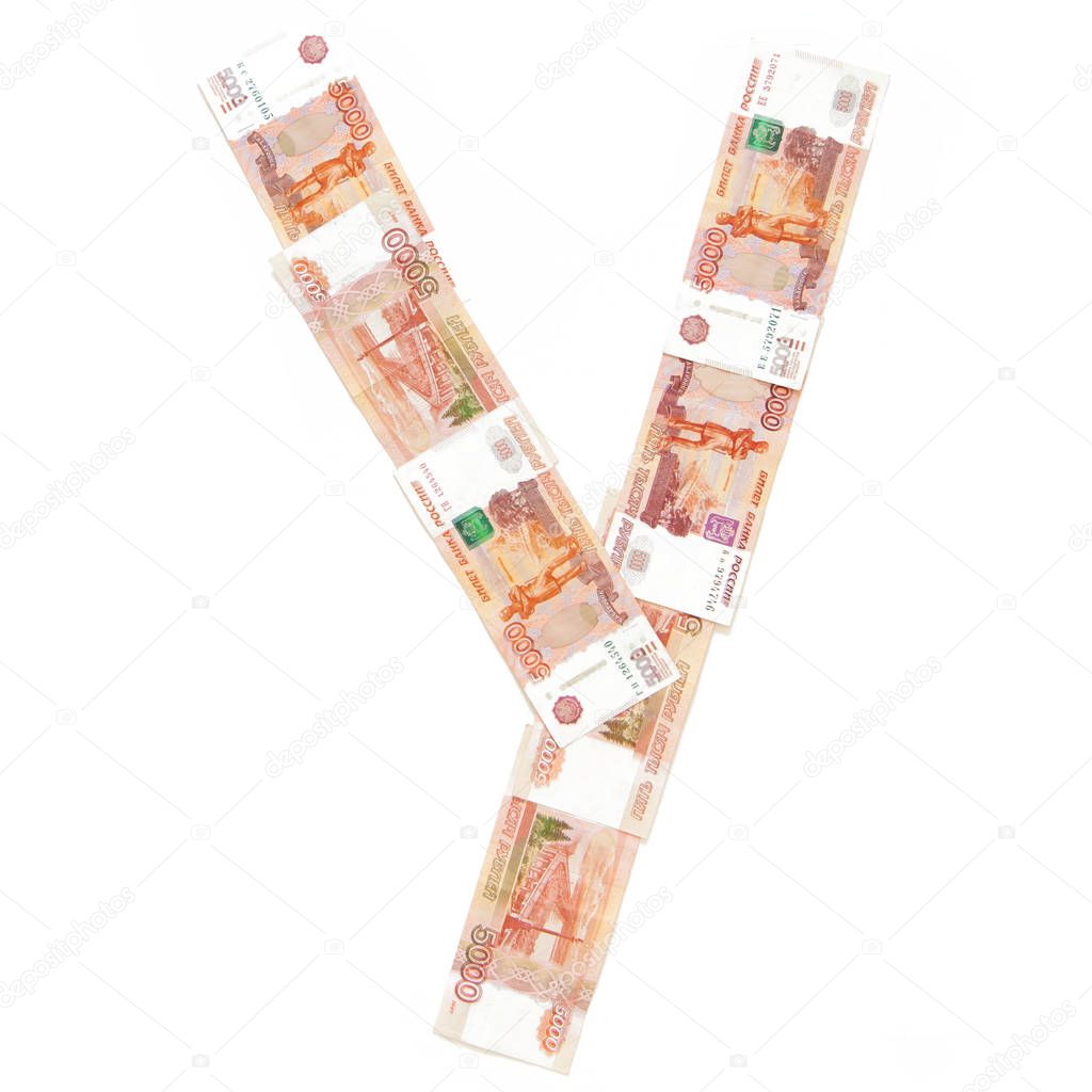 Russian banknotes worth five thousand rubles. White background. Isolate.