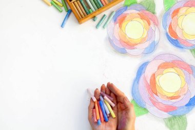 Renk sanat pastel çizim. Beyaz arka plan. Yukarıdan görüntülemek.