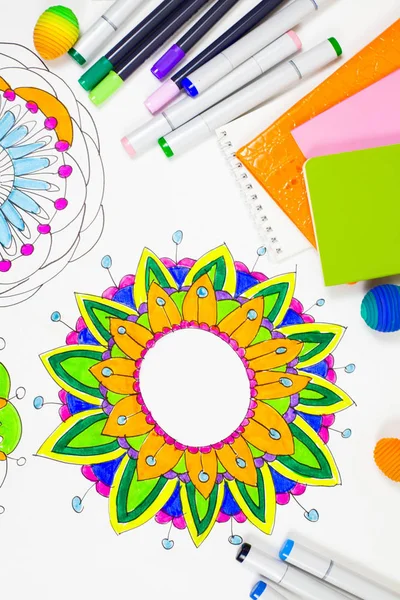 Bright Ornamental Flower Mandala Painted Markers Coloured Diaries Notebooks White — Stock Photo, Image