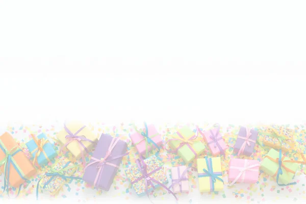 Farbige Geschenkboxen Mit Bunten Bändern Und Konfetti Weißer Hintergrund Geschenke — Stockfoto