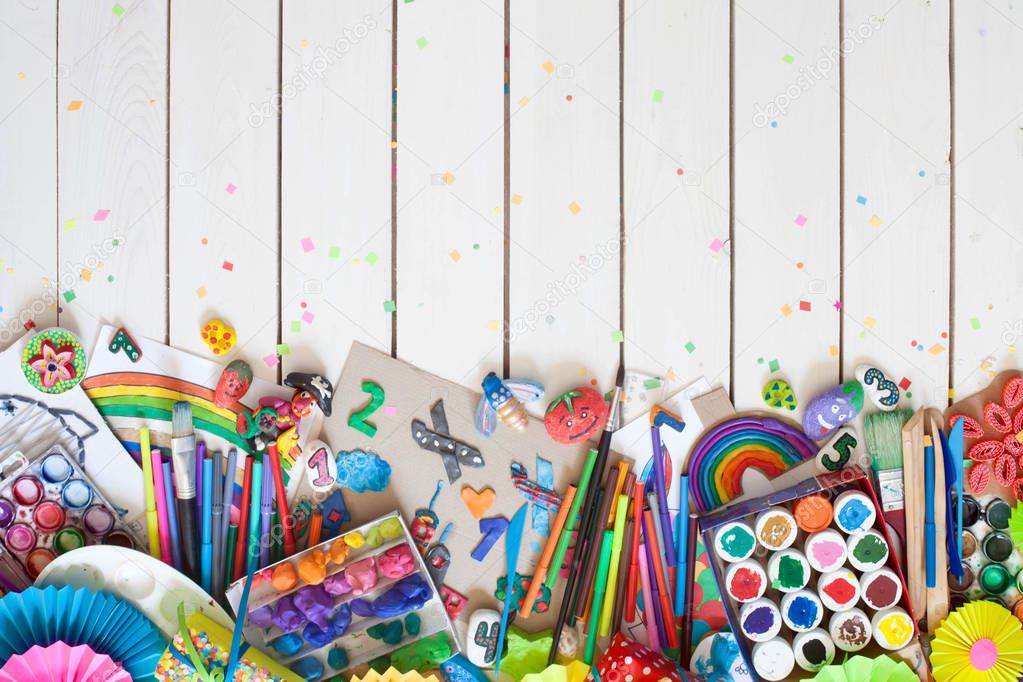 Materials for children's creativity. Drawings, plasticine, crafts.