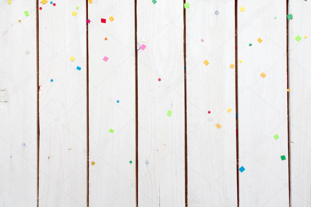 Background white wood and confetti