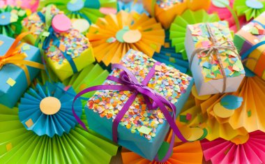 Renkli hediyeler ve rozetler arka plan