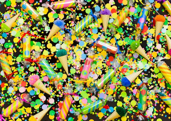 Celebratory Crackers Confetti Black Background — Stock Photo, Image