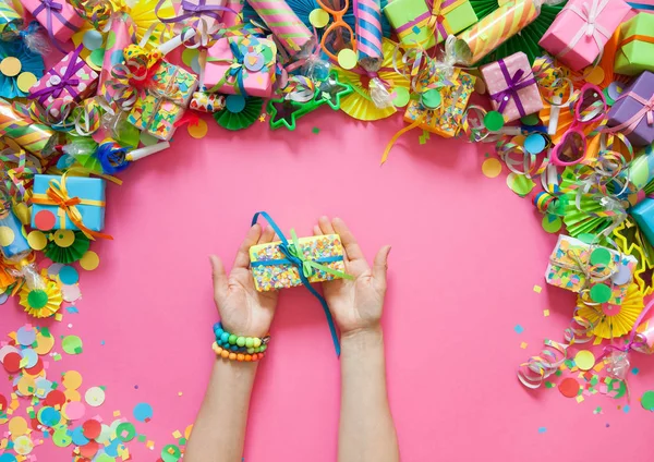 Woman Hands Holding Gift Garlands Festive Decor Confetti Pink Background — Stock Photo, Image