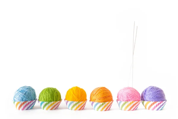 Colored Balls Yarn Knitting Needles Crocheting Yarn — Stock Photo, Image