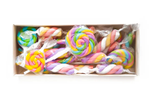 Veelkleurige Snoep Een Stokje Verpakt Een Transparante Wrapper Marshmallows Van — Stockfoto