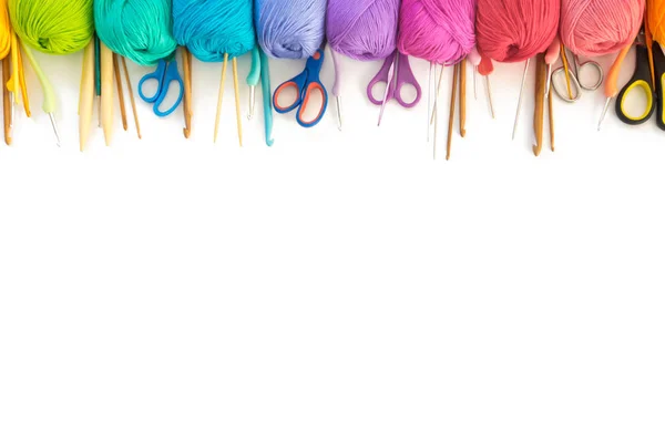 Colorful Rainbow Yarn Knitting Hooks Scissors Knitting Needles — Stock Photo, Image