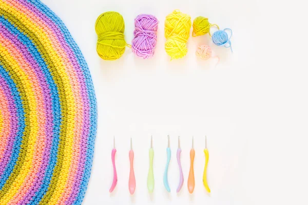 Colored balls of yarn. View from above. Rainbow colors. All colors. Yarn for knitting. Skeins of yarn.