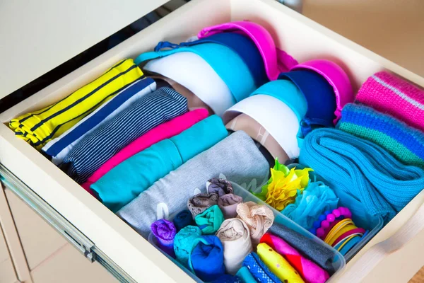 Neatly Folded Clothes Accessories Chest Drawers — Stock Photo, Image