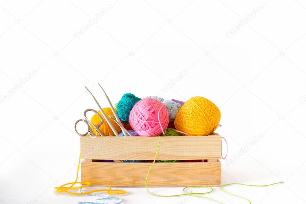 Accessories for needlework. Color yarn for knitting and crocheting.