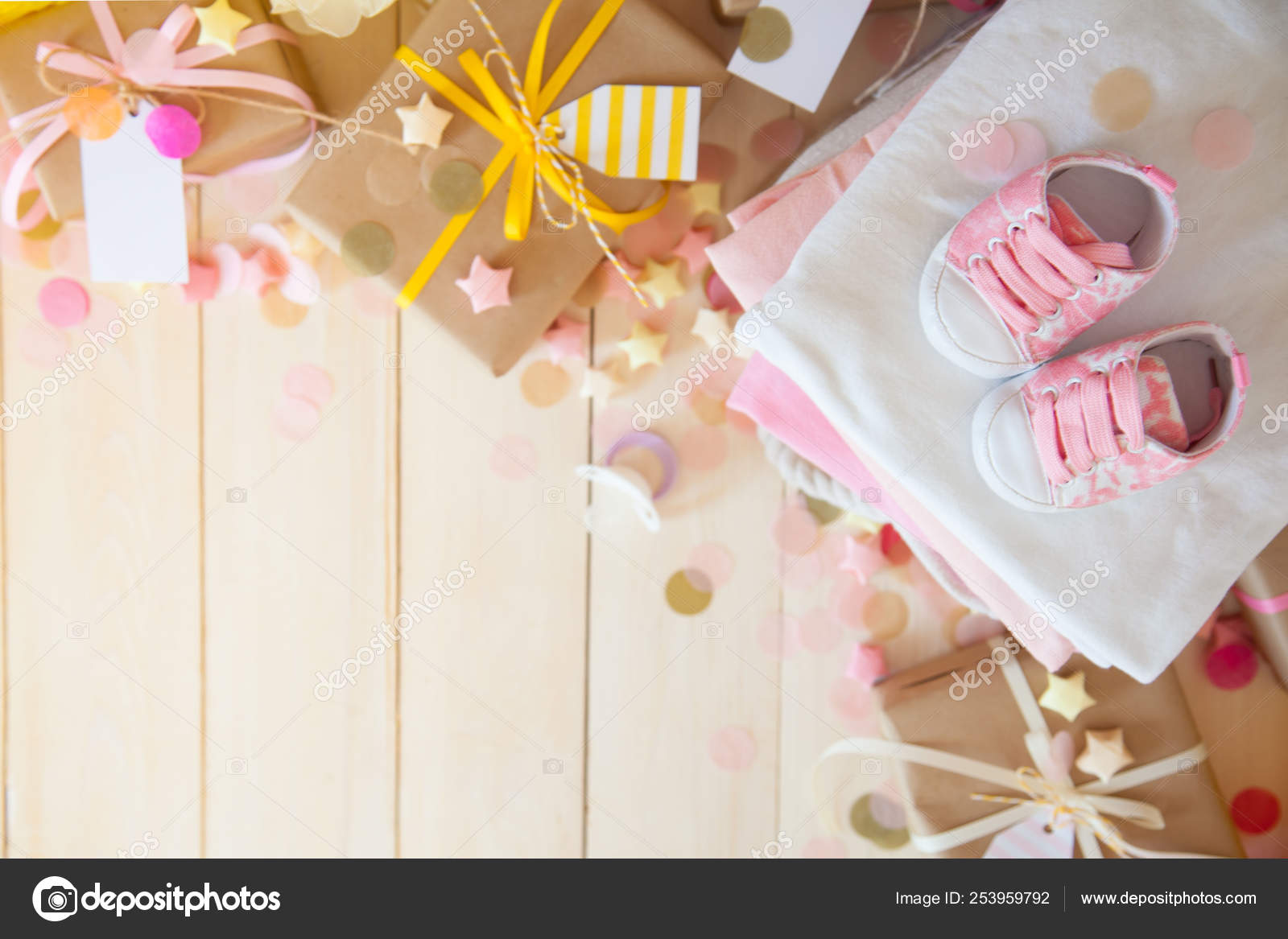 Gifts And Pink Decorations For Girl Baby Shower Indoors Stock