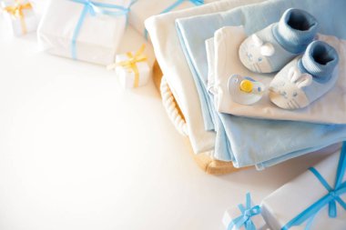Onun bir çocuk, mavi tema bebek duş veya kreş arka plan ile Dec